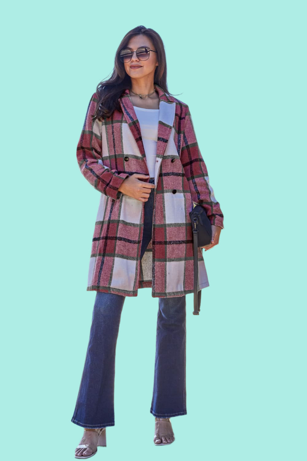 Double Take Full Size Plaid Button Up Lapel Collar Coat