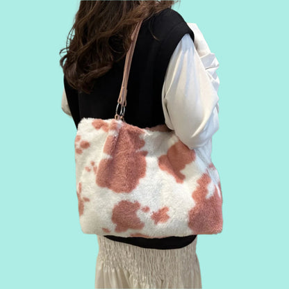 Cow Print Furry Tote Bag