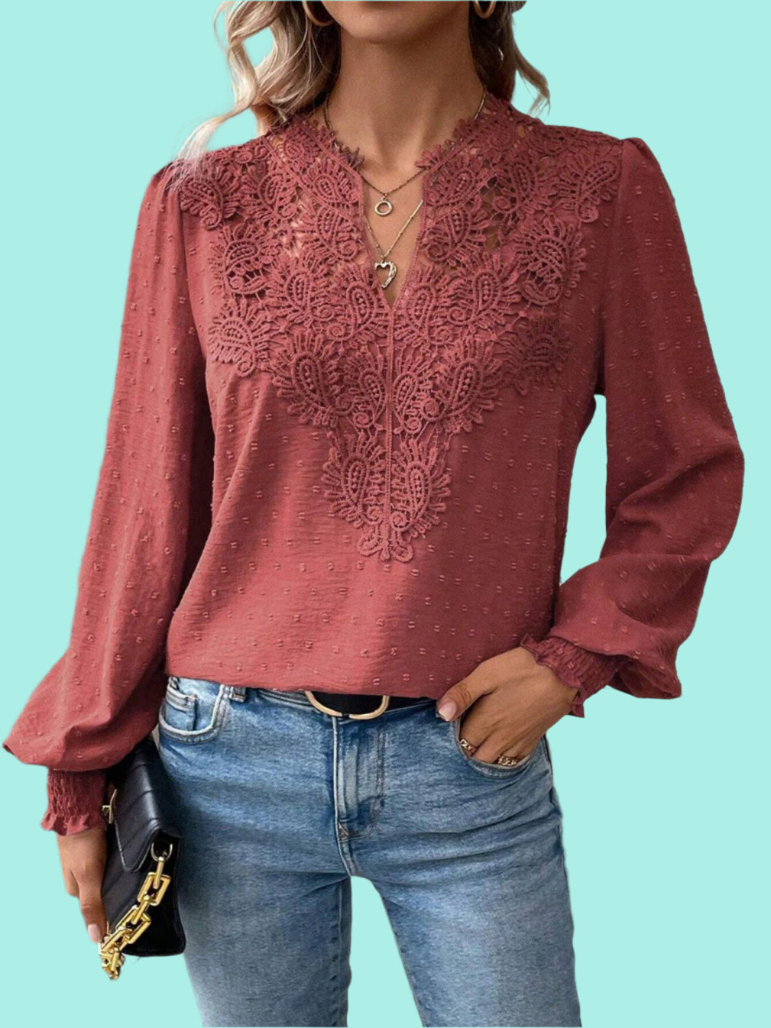 Swiss Dot Lace Detail Notched Long Sleeve Blouse