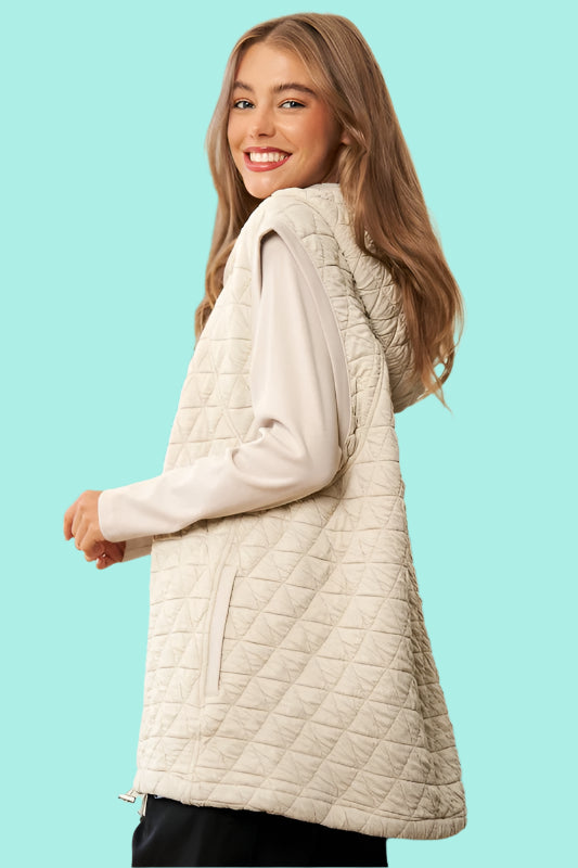 Quilted Solid Long Sleeve Zipper Front Hoodie Jacket