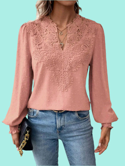 Swiss Dot Lace Detail Notched Long Sleeve Blouse