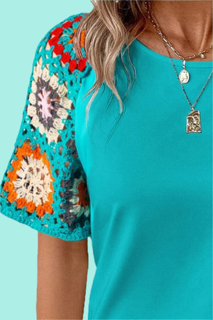 Crochet Round Neck Short Sleeve Blouse