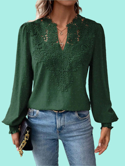 Swiss Dot Lace Detail Notched Long Sleeve Blouse