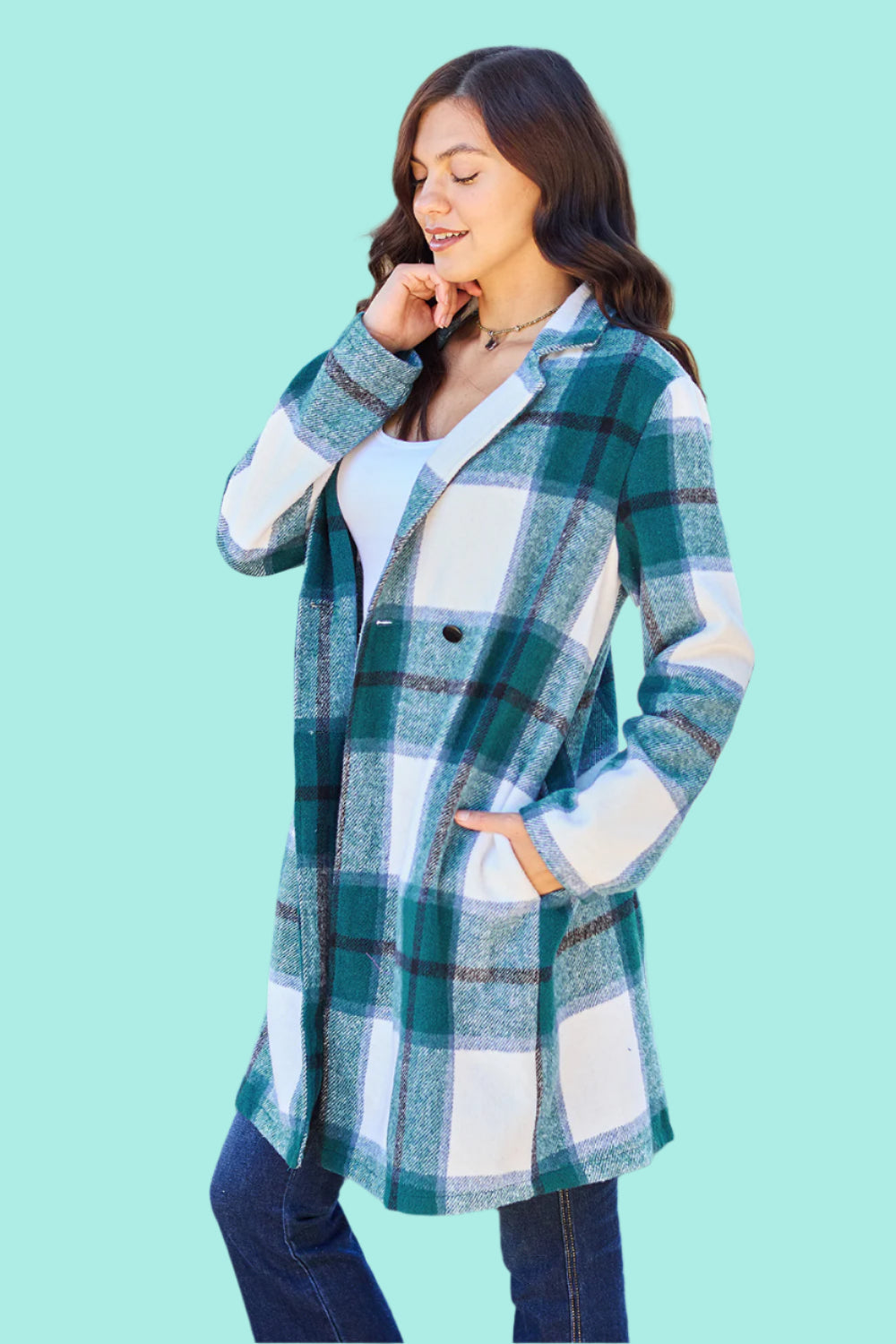 Double Take Full Size Plaid Button Up Lapel Collar Coat