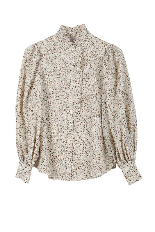 Standing collar floral frill blouse