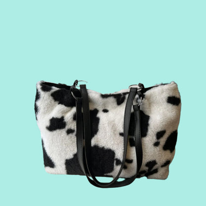 Cow Print Furry Tote Bag