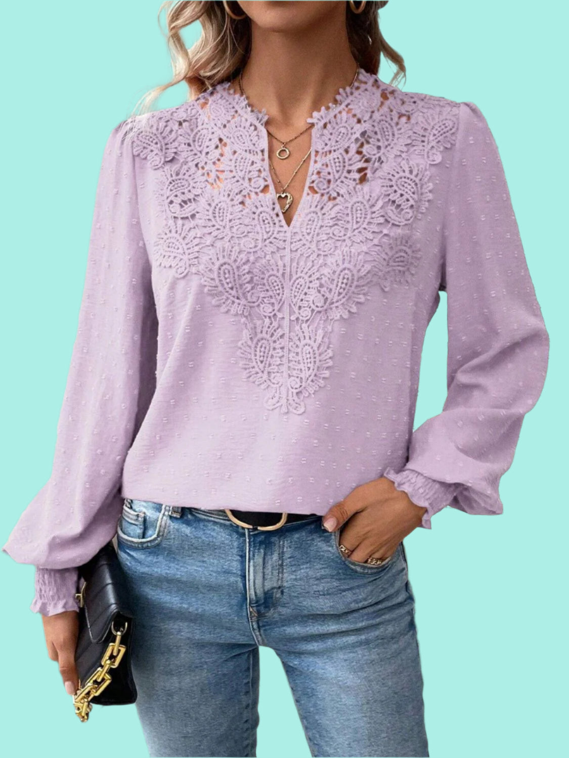 Swiss Dot Lace Detail Notched Long Sleeve Blouse