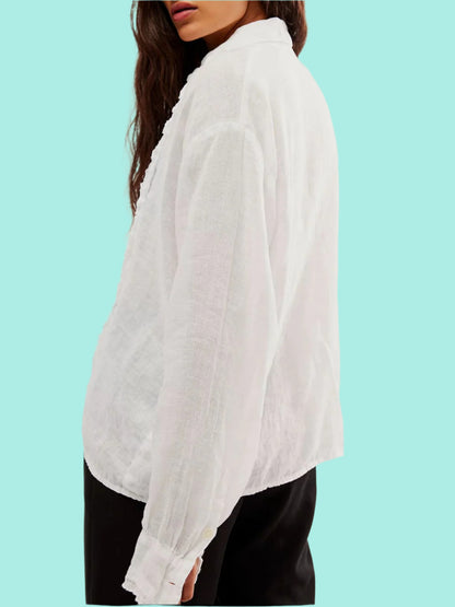 Frill Ruched Collared Neck Long Sleeve Shirt