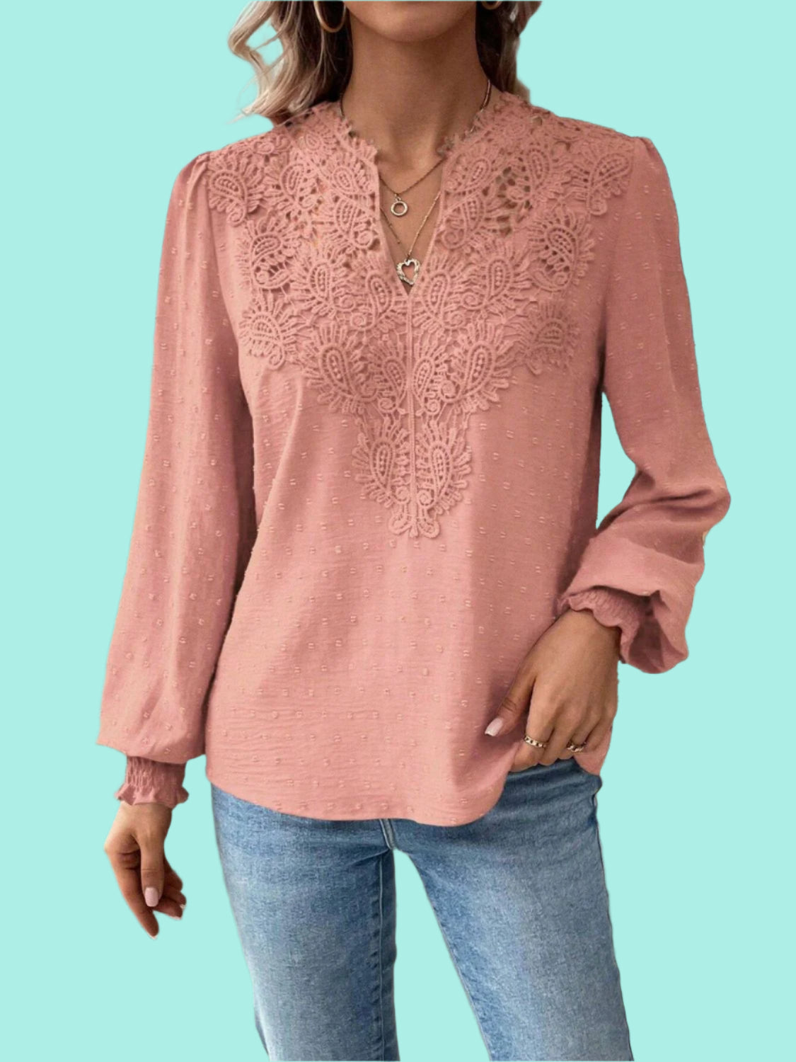 Swiss Dot Lace Detail Notched Long Sleeve Blouse