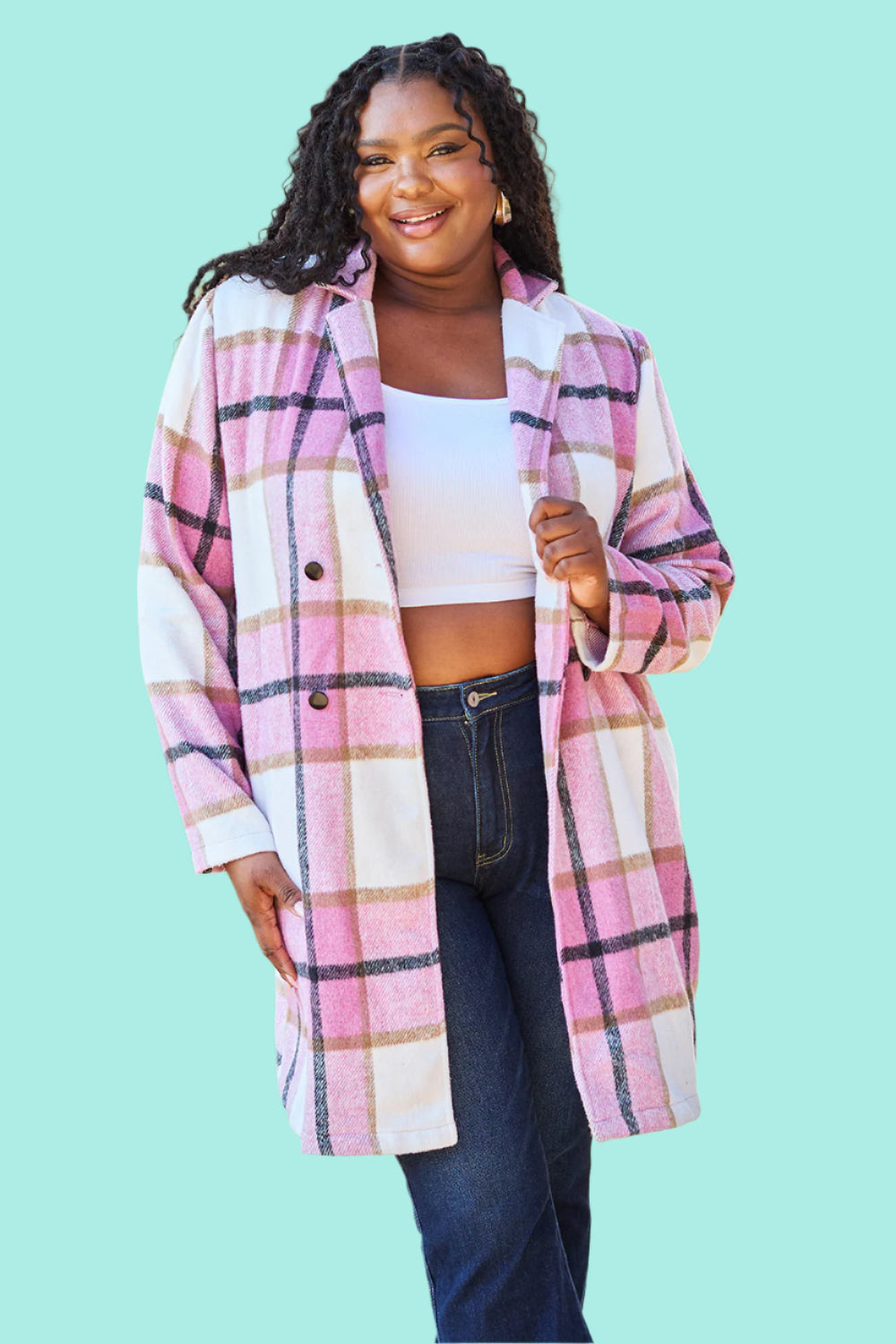 Double Take Full Size Plaid Button Up Lapel Collar Coat