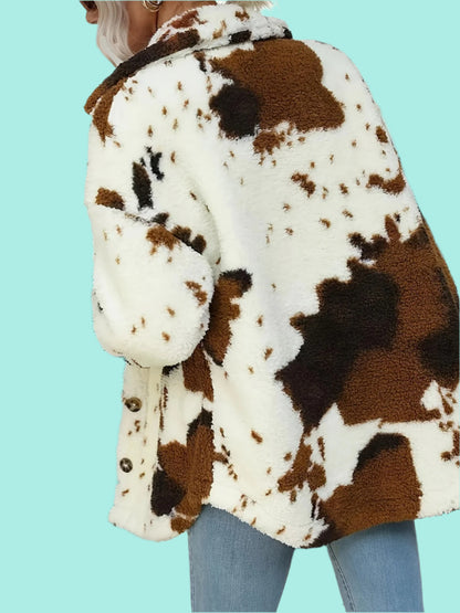 Cow Print Collared Neck Button Up Fuzzy Jacket