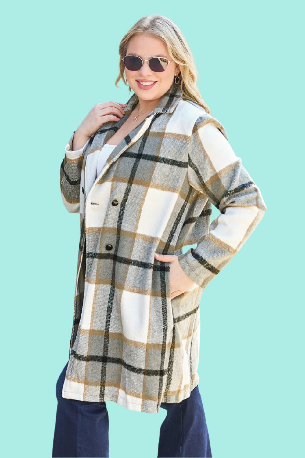 Double Take Full Size Plaid Button Up Lapel Collar Coat