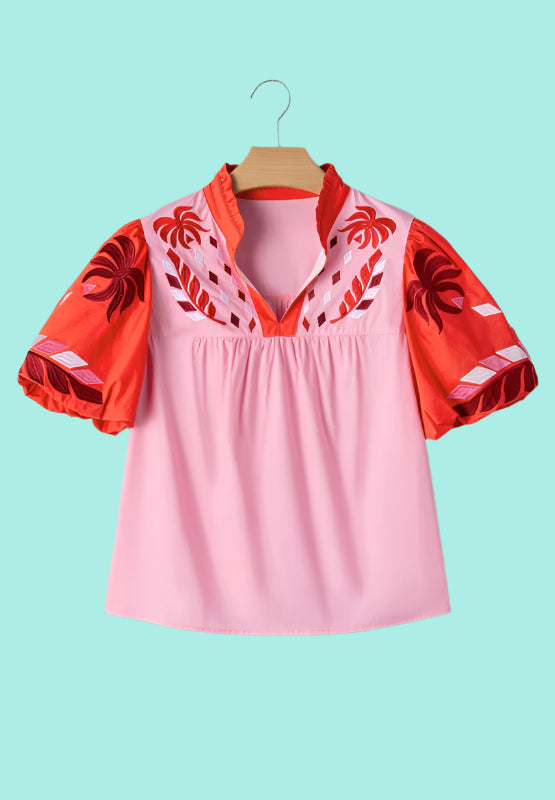 Embroidered Notched Short Sleeve Babydoll Blouse