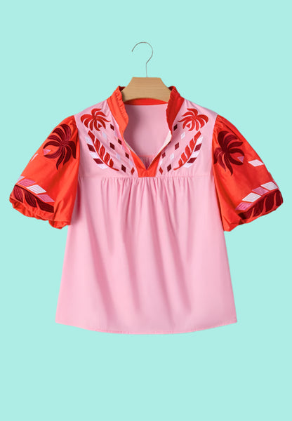 Embroidered Notched Short Sleeve Babydoll Blouse