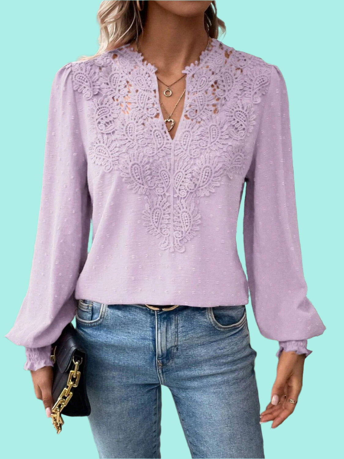 Swiss Dot Lace Detail Notched Long Sleeve Blouse