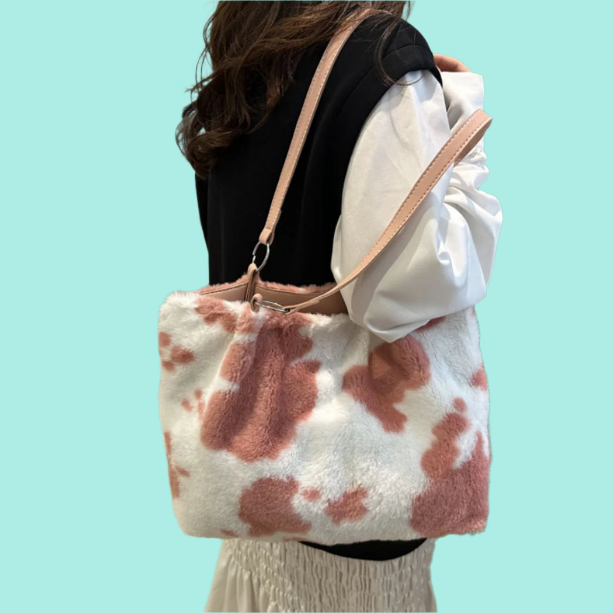 Cow Print Furry Tote Bag