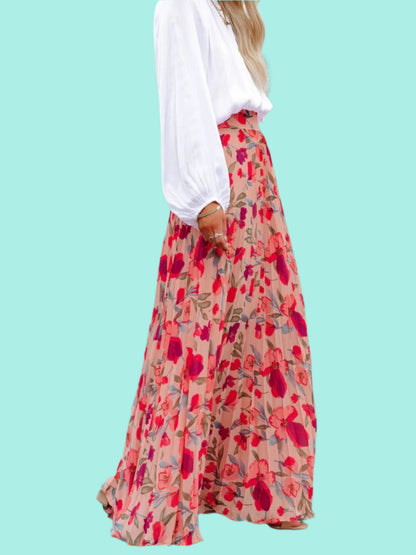 Printed Elastic Waist Pleated Maxi Skirt