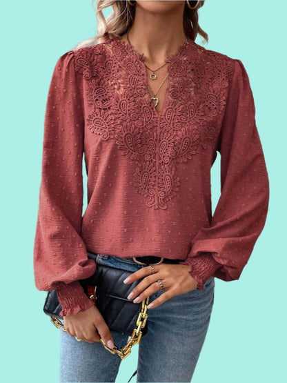 Swiss Dot Lace Detail Notched Long Sleeve Blouse