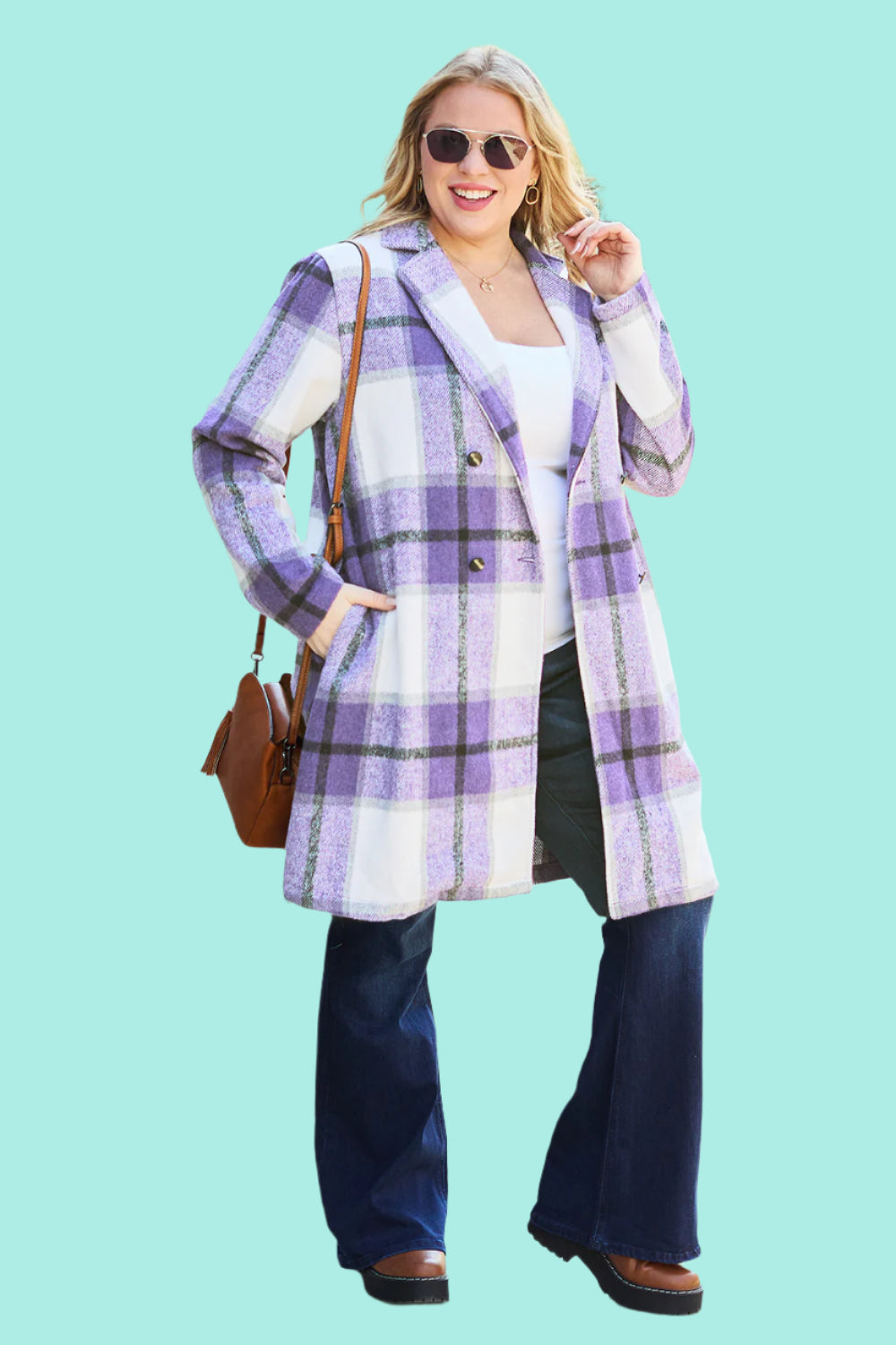 Double Take Full Size Plaid Button Up Lapel Collar Coat