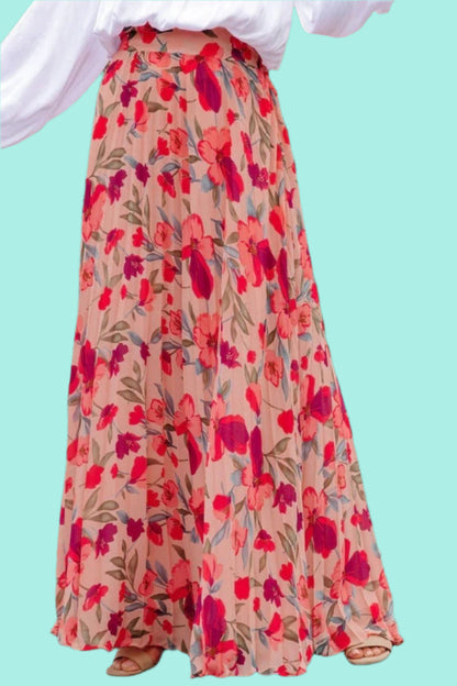 Printed Elastic Waist Pleated Maxi Skirt