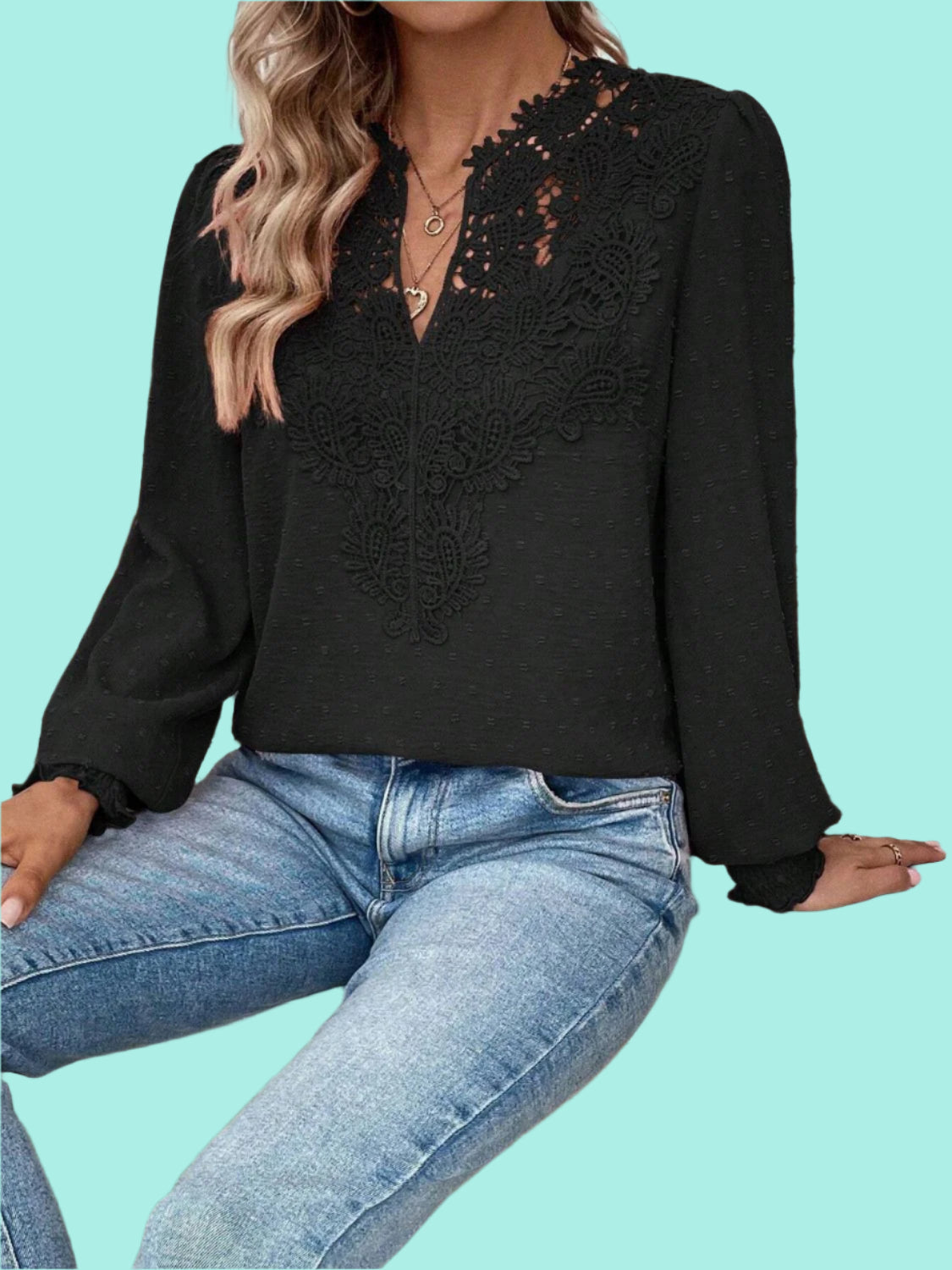 Swiss Dot Lace Detail Notched Long Sleeve Blouse