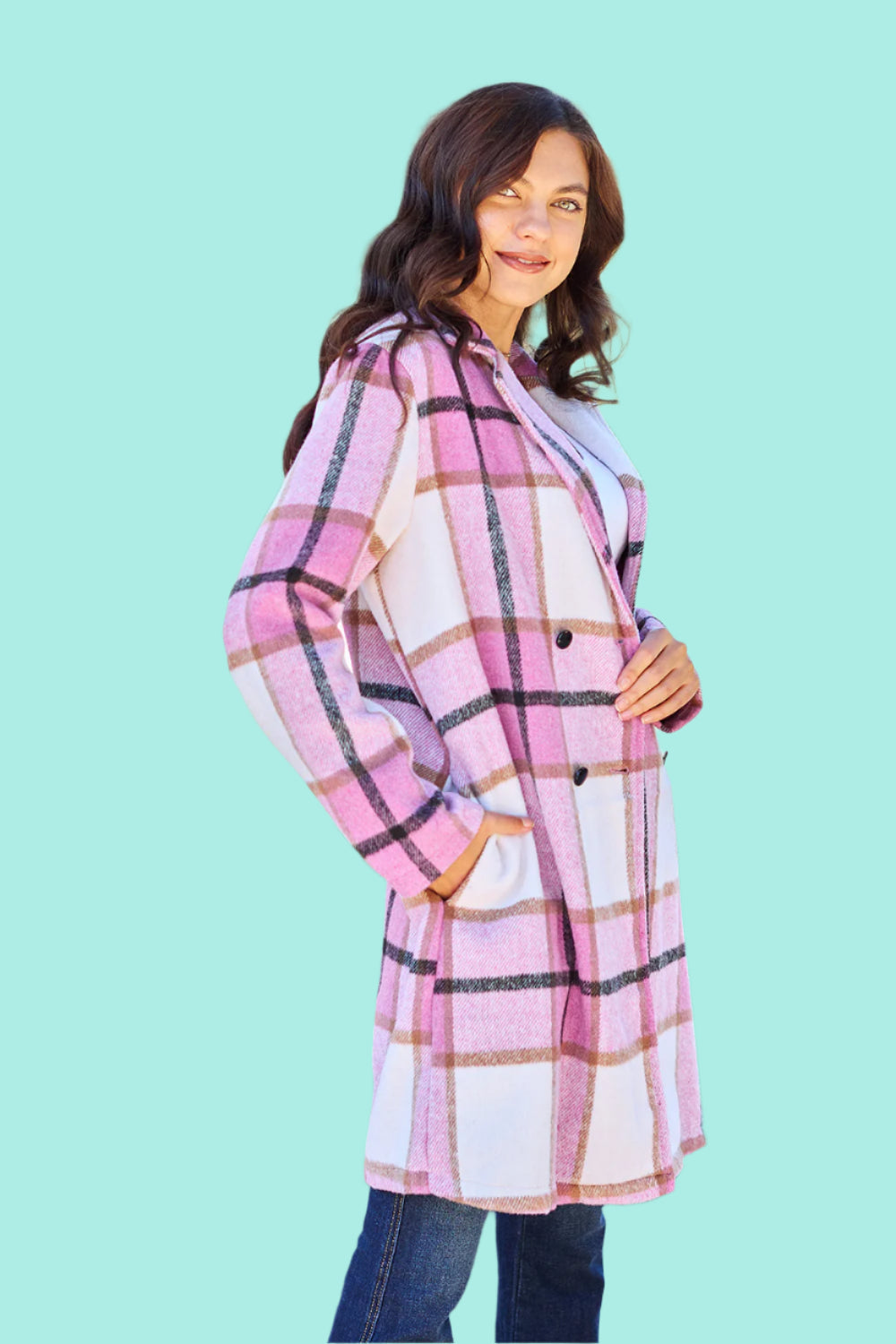 Double Take Full Size Plaid Button Up Lapel Collar Coat