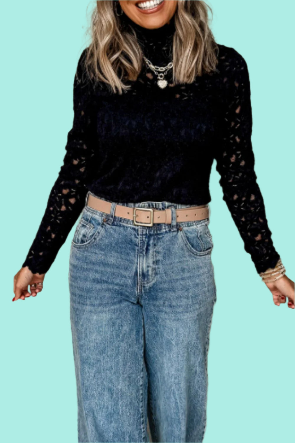 Crochet Turtleneck Long Sleeve Top