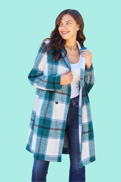 Double Take Full Size Plaid Button Up Lapel Collar Coat