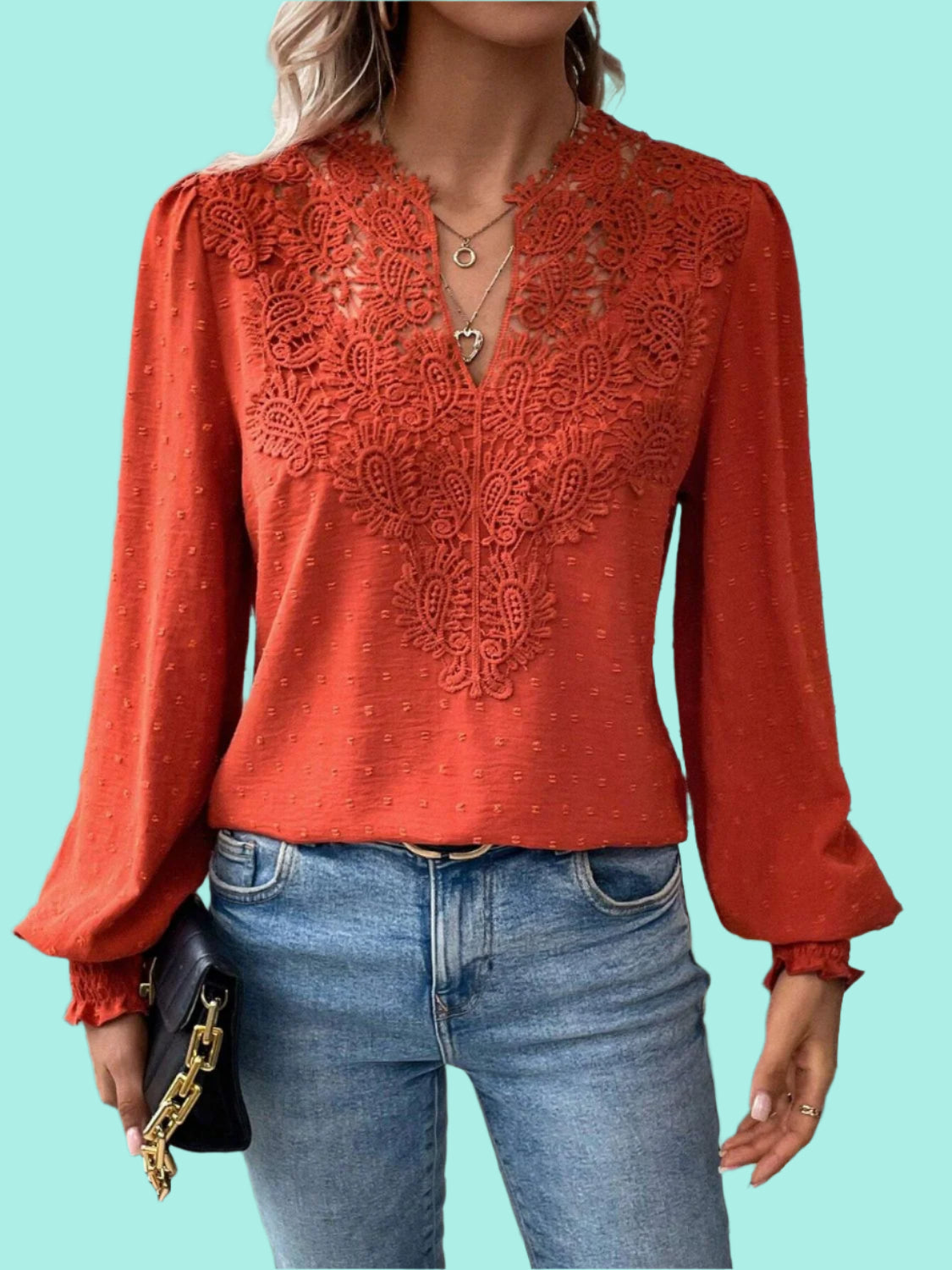 Swiss Dot Lace Detail Notched Long Sleeve Blouse