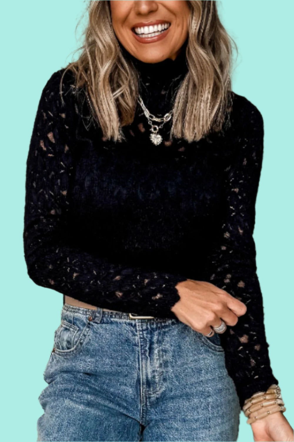 Crochet Turtleneck Long Sleeve Top