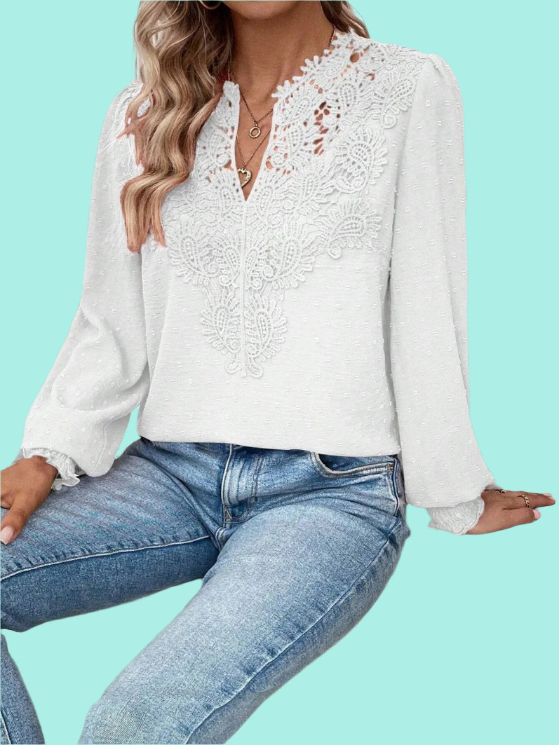 Swiss Dot Lace Detail Notched Long Sleeve Blouse