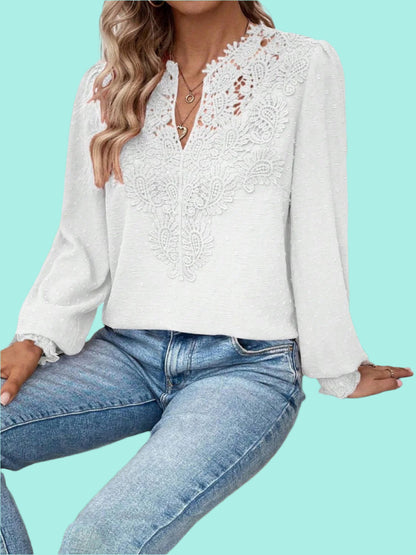 Swiss Dot Lace Detail Notched Long Sleeve Blouse