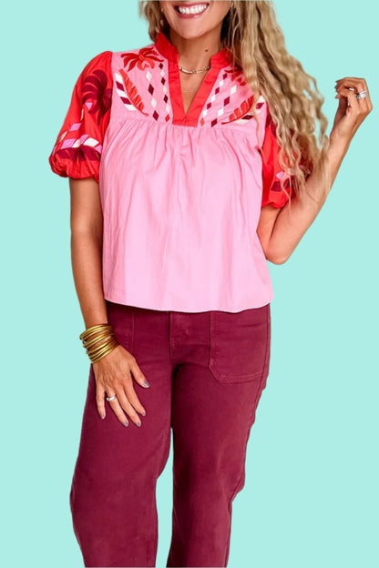 Embroidered Notched Short Sleeve Babydoll Blouse