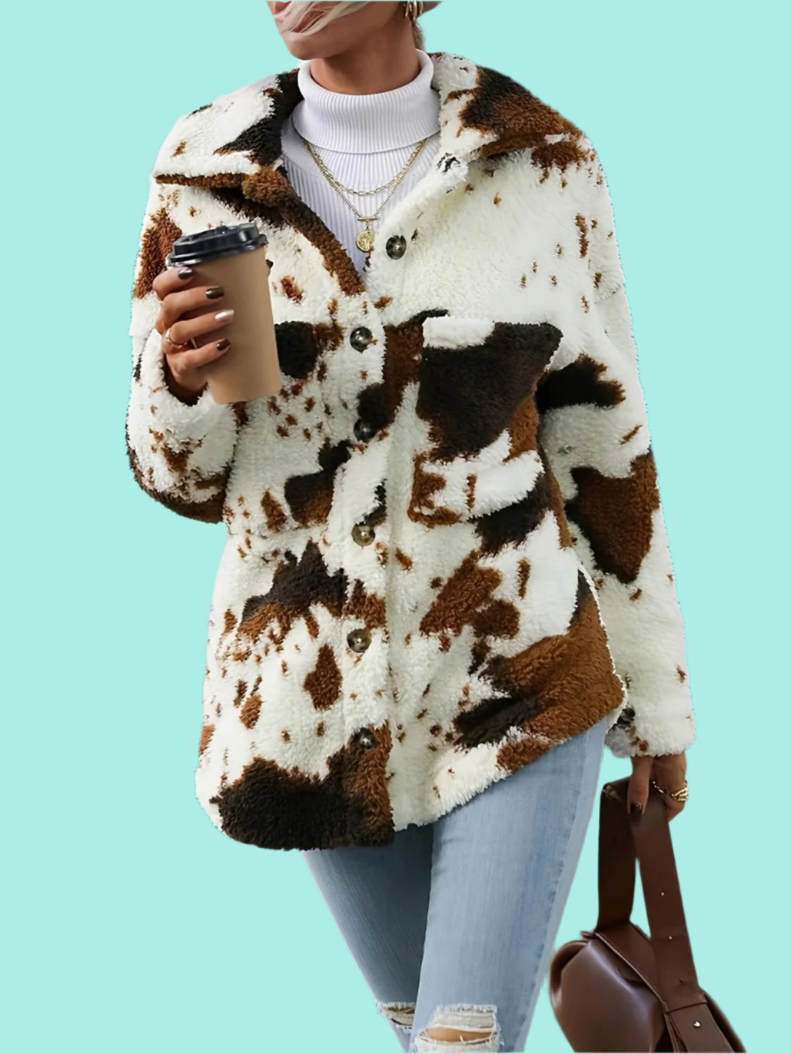 Cow Print Collared Neck Button Up Fuzzy Jacket