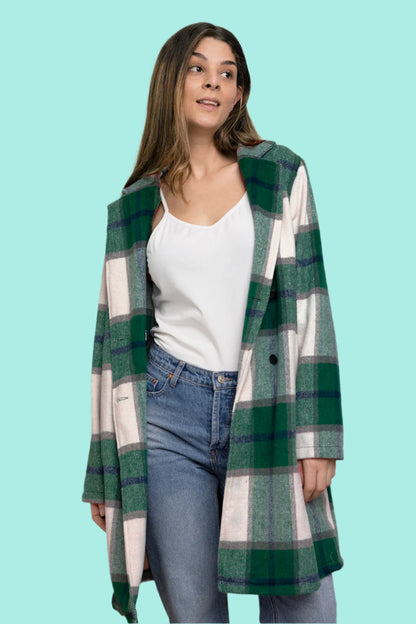 Double Take Full Size Plaid Button Up Lapel Collar Coat