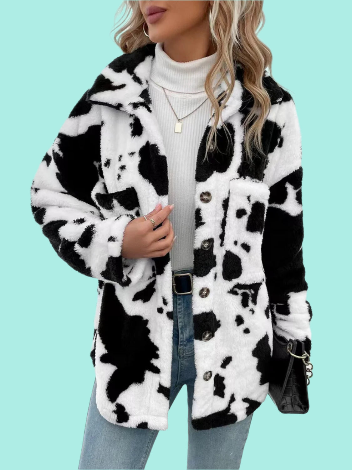 Cow Print Collared Neck Button Up Fuzzy Jacket