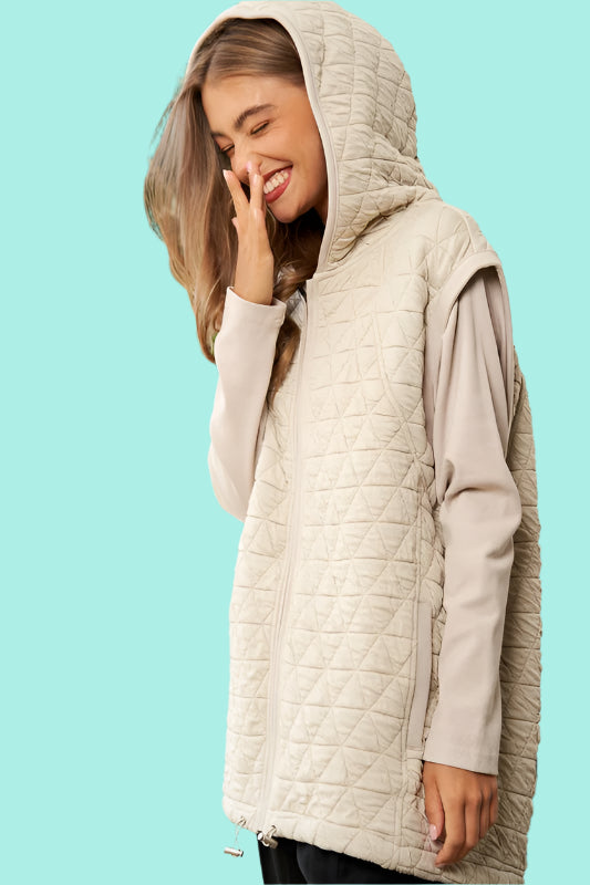 Quilted Solid Long Sleeve Zipper Front Hoodie Jacket