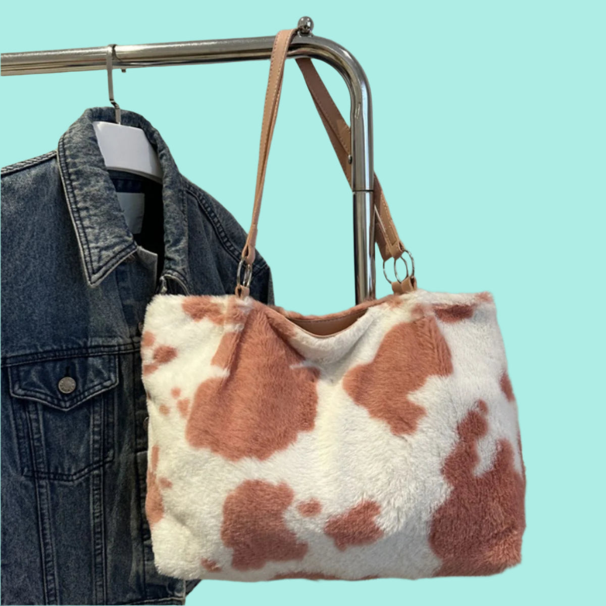 Cow Print Furry Tote Bag