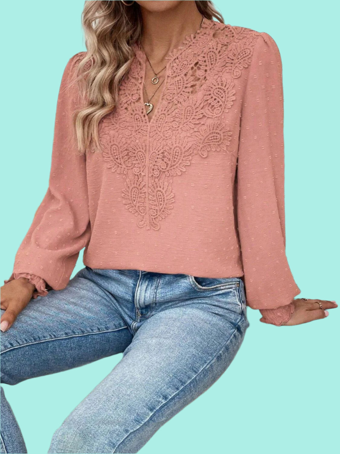 Swiss Dot Lace Detail Notched Long Sleeve Blouse