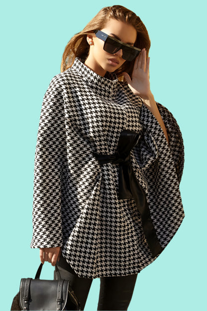 Houndstooth Tie Waist Trench Coat