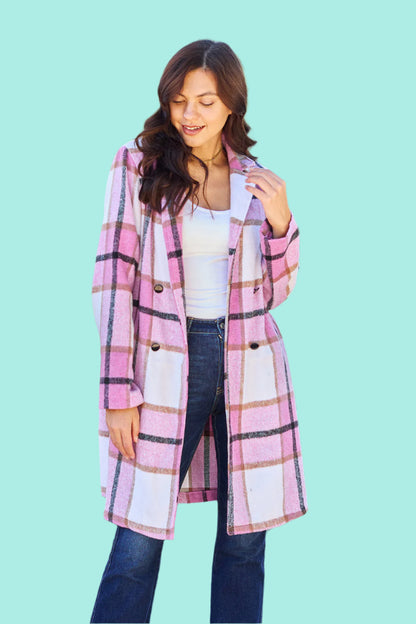 Double Take Full Size Plaid Button Up Lapel Collar Coat