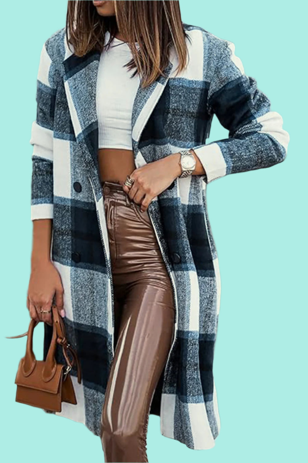 Double Take Full Size Plaid Button Up Lapel Collar Coat