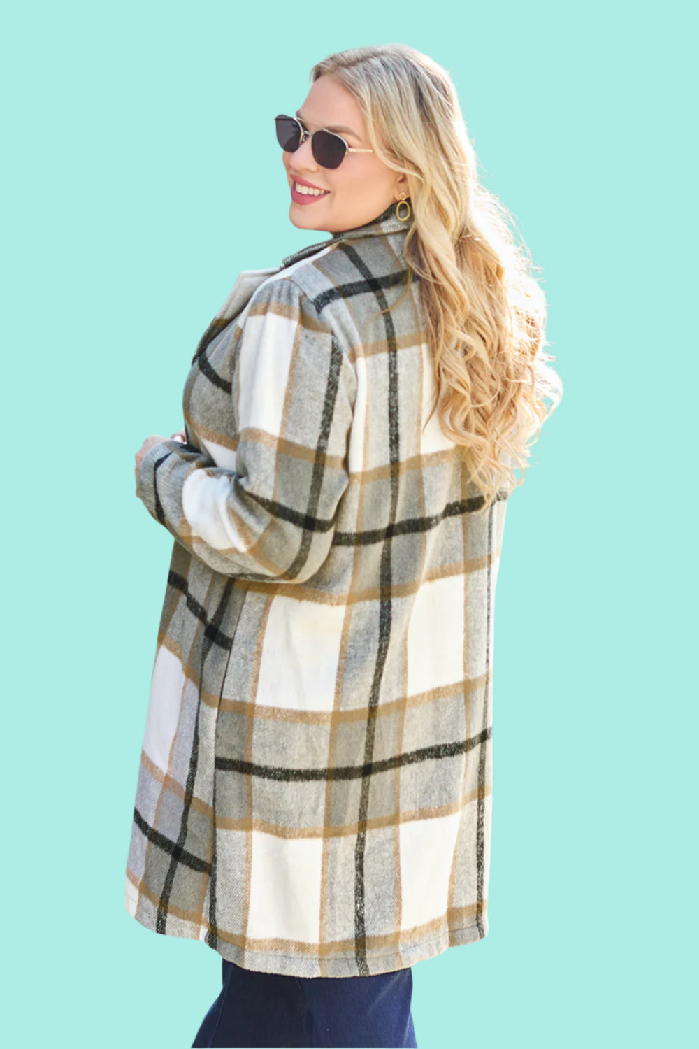 Double Take Full Size Plaid Button Up Lapel Collar Coat