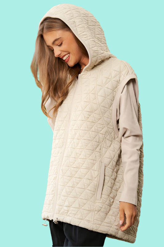 Quilted Solid Long Sleeve Zipper Front Hoodie Jacket