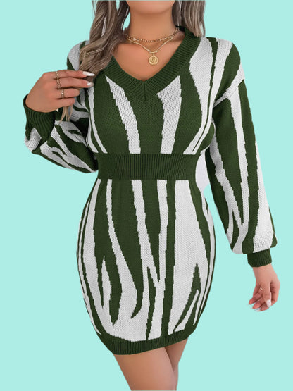 Animal Print V-Neck Long Sleeve Sweater Dress