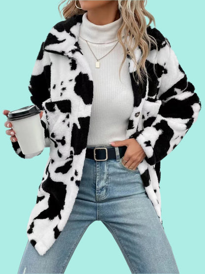 Cow Print Collared Neck Button Up Fuzzy Jacket