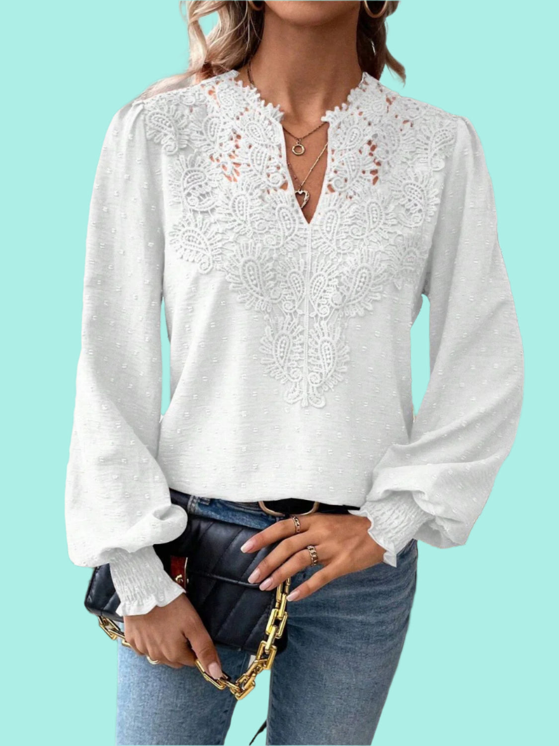 Swiss Dot Lace Detail Notched Long Sleeve Blouse