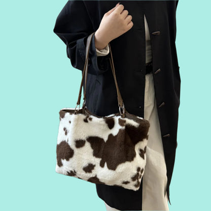 Cow Print Furry Tote Bag