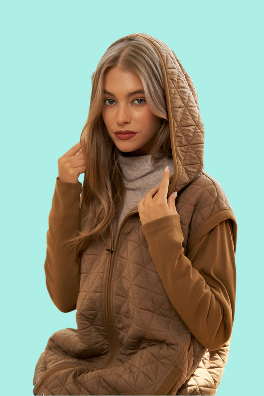 Quilted Solid Long Sleeve Zipper Front Hoodie Jacket