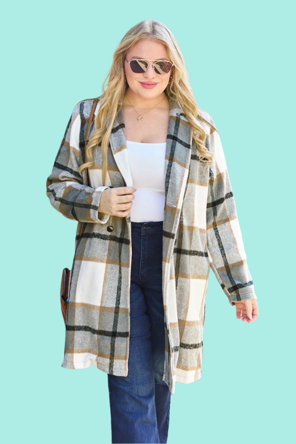 Double Take Full Size Plaid Button Up Lapel Collar Coat